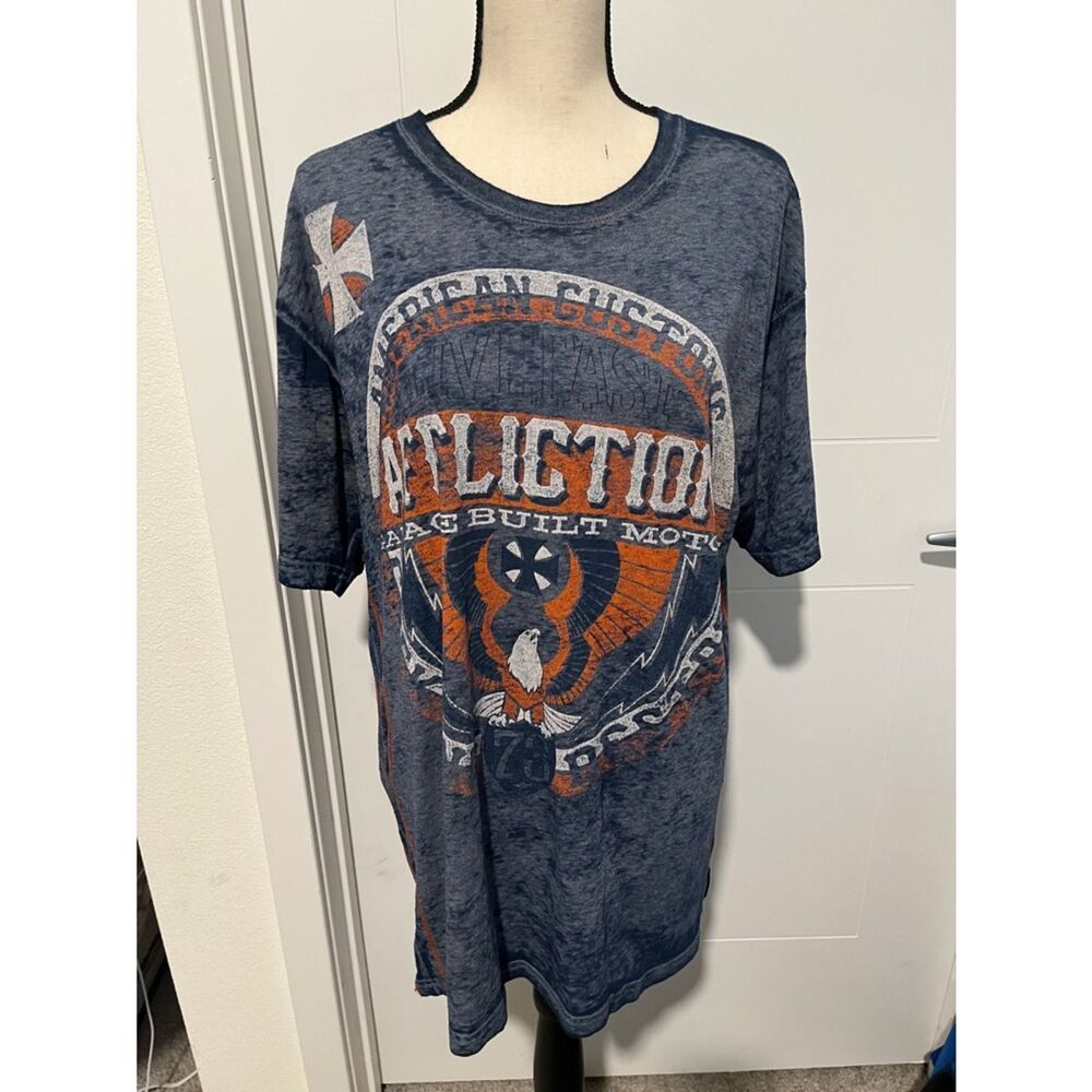 Affliction Burnout Navy Blue Orange Graphic Short Sleeve T-Shirt Eagle Cross